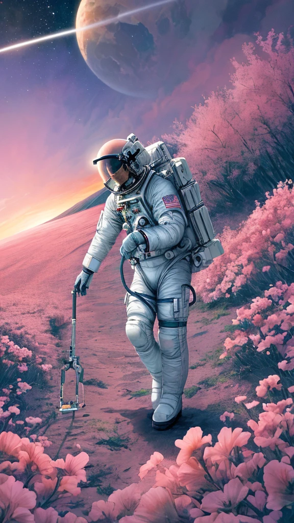 Astronaut walks through a sea of flowers dotted with pink clouds,Lonely Astronaut,Astronauts cannot leave this planet,The astronaut is lost in the infinite universe.