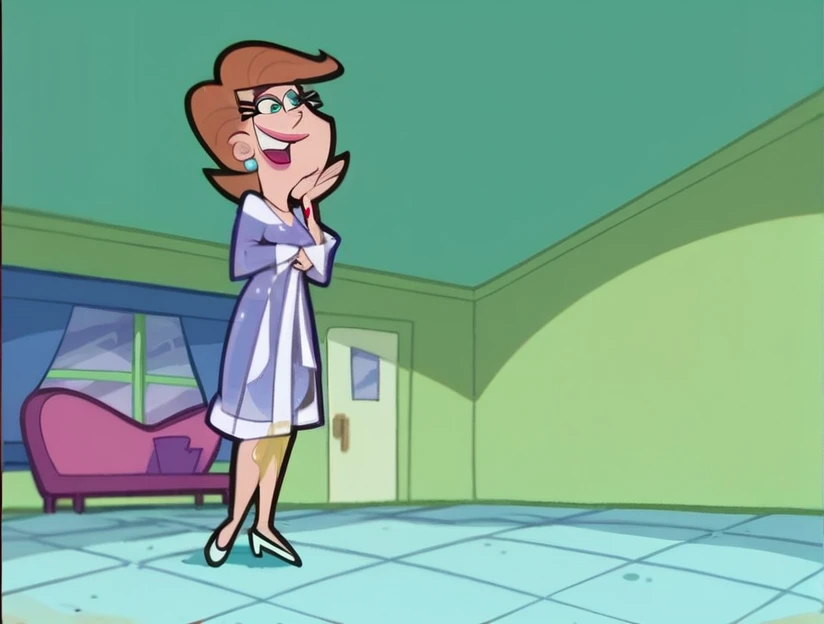 Mrs Turner wearing purple nude long sleeve transparent plastic sheer Nightgown on for her naked body four penises Peeing on basement floor.