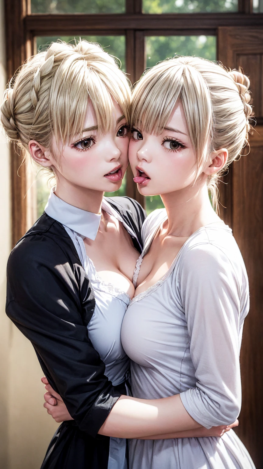8K quality、High resolution、Two maids、Realistic skin texture、Two women make love to each other、High resolutionの肌、Grab the breast、Princess Hair、thin、Small and young breasts、Open the mouth to reveal a realistic tongue、Beautiful cleavage、Gray Hair、thin脚、French Braid、、Full Body Shot、Get wet、In underwear