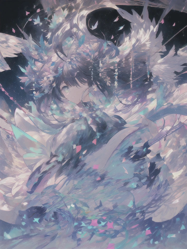 pretty, anime, pastel, neon, vtuber-fullbody vtuber-halfbody, kawaii Masterpiece, young woman, sitting down, parted lips, black eyes, fluffy curly hair, bangs, ahoge, light brown hair, rosy cheeks, short sleeve, black and purple dress, puffy sleeves, black gloves, purple ribbons, ((faded iris)), myceliumtech, scifi, Mycelia, spongy, PsychedelicMasterpiece, ((Faded iris)), flowers, smile, water effect, ahoge, looking up, upper view, yuki miku, very long blue hair, twintails, hair ornament, blue eyes, kawaii looking upupper viewhair ornament(masterpiece:1.2), (hires:1.2), (better hands:1.2), beautiful hands, perfect anatomy, holding star, 1boy, antenna hair, choker, white jacket, shoulder-belt, collared shirt, ear piercing, chain earrings, gradient, stars hair ornament, male focus, multicolored hair, purple hair, yellow strands, yellow necktie, (eye1 purple, eye2 yellow, heterochromia), starlight, starMasterpiece, young girl, white hair, fluffy hair, ahoge, medium length hair, bird feathers, sky, jungle, feather ears, white bird wings, vibrant colors, flowers, flower crown, leaves, white silk dress, detailed sleeves, strewn plants, hair over eyes, butterfly style, more_details:-1, more_details:0, more_details:0.5, more_details:1, more_details:1.5, (((ultra detailed))), softcore, kawaii, 