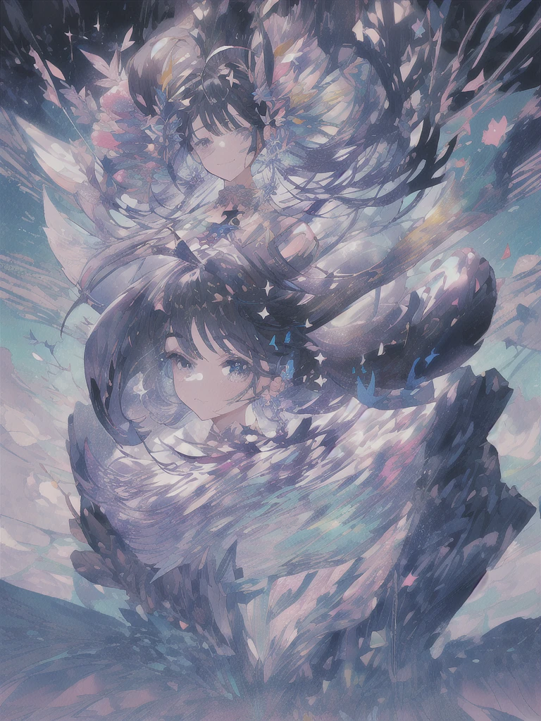 pretty, anime, pastel, neon, vtuber-fullbody vtuber-halfbody, kawaii Masterpiece, young woman, sitting down, parted lips, black eyes, fluffy curly hair, bangs, ahoge, light brown hair, rosy cheeks, short sleeve, black and purple dress, puffy sleeves, black gloves, purple ribbons, ((faded iris)), myceliumtech, scifi, Mycelia, spongy, PsychedelicMasterpiece, ((Faded iris)), flowers, smile, water effect, ahoge, looking up, upper view, yuki miku, very long blue hair, twintails, hair ornament, blue eyes, kawaii looking upupper viewhair ornament(masterpiece:1.2), (hires:1.2), (better hands:1.2), beautiful hands, perfect anatomy, holding star, 1boy, antenna hair, choker, white jacket, shoulder-belt, collared shirt, ear piercing, chain earrings, gradient, stars hair ornament, male focus, multicolored hair, purple hair, yellow strands, yellow necktie, (eye1 purple, eye2 yellow, heterochromia), starlight, starMasterpiece, young girl, white hair, fluffy hair, ahoge, medium length hair, bird feathers, sky, jungle, feather ears, white bird wings, vibrant colors, flowers, flower crown, leaves, white silk dress, detailed sleeves, strewn plants, hair over eyes, butterfly style, more_details:-1, more_details:0, more_details:0.5, more_details:1, more_details:1.5, (((ultra detailed))), softcore, kawaii, 