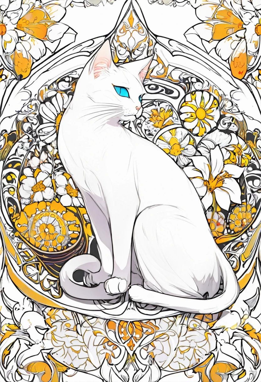 white and black cat with a white background, ploynesian, garden, art for coloring book page, full white background, only use outline, line art, clean line art, mandala for coloring with nature ornaments, simple and clean line art, adorned in Art Nouveau style, with a stroke of Alfons Mucha's brush, perfect details, real