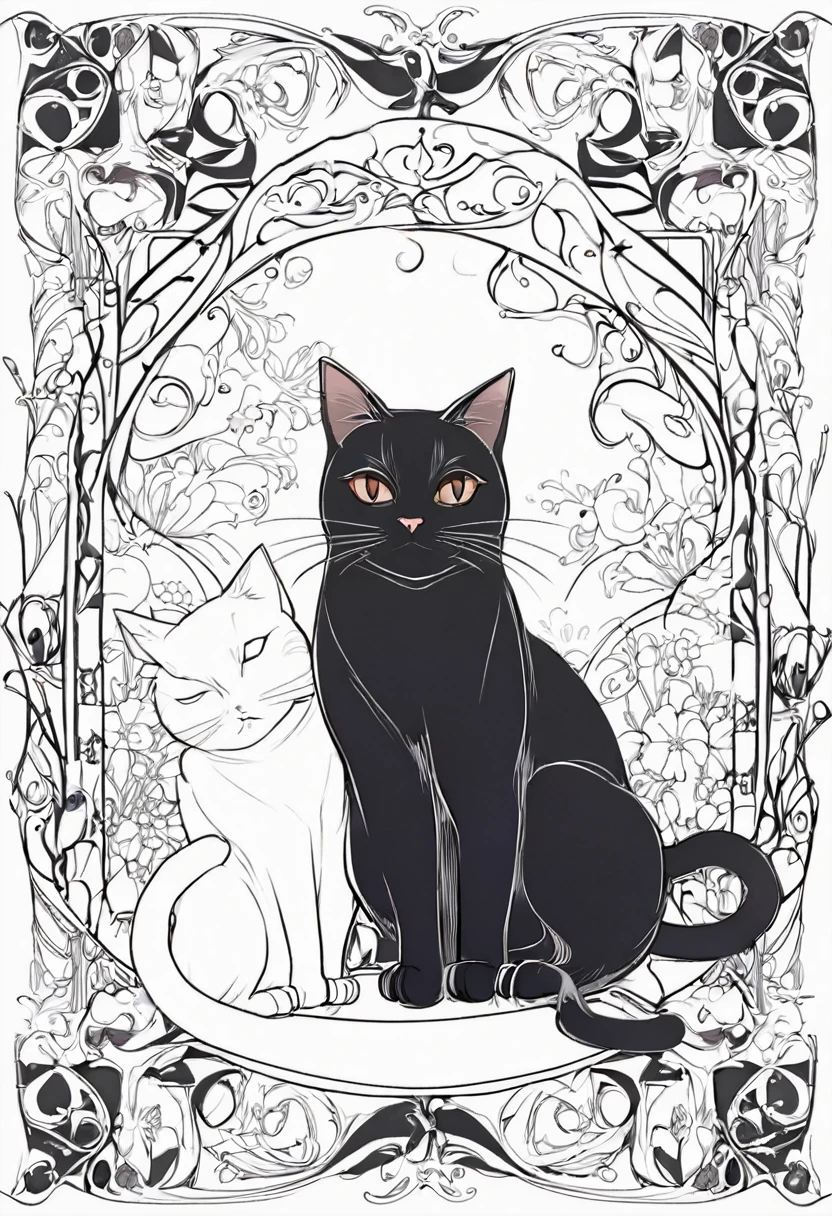 white and black cat with a white background, ploynesian, garden, art for coloring book page, full white background, only use outline, line art, clean line art, mandala for coloring with nature ornaments, simple and clean line art, adorned in Art Nouveau style, with a stroke of Alfons Mucha's brush, perfect details, real