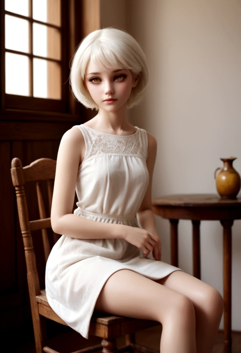 from side, upper body, BJD, doll joints, doll joints, BJD made of pure white glazed ceramics, electric drive, A fantastic and aesthetic image, Large half-closed golden glass eyes, urban style Pure white very short hair, a thin and haggard face, face without makeup, The ball-jointed doll is modeled after a 18-year-old woman, European features, silk white tube top dress, slender limbs, beautiful detailed face, sitting on a wooden chair, old european houses, indoor, beautiful artwork, High-definition, 4k, 8k,