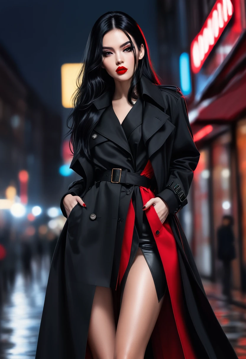 Modern Girl,Black trench coat,belt,High slit,Long legs,Black hair bundles,Red lips,cool