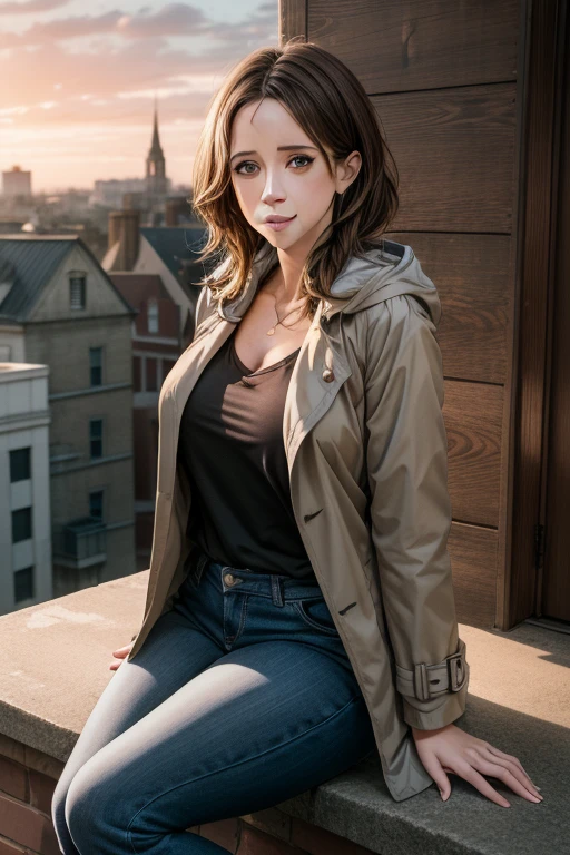 (masterpiece:1.2, best quality:1.2, beautiful, high quality, highres:1.1, aesthetic), detailed, extremely detailed, ambient soft lighting, 4K, perfect eyes, perfect face, perfect lighting, 1girl, solo, huge breasts, huge thighs, narrow waist, wide hips, thick thighs, curvy, looking at viewer, facing viewer, Jennifer Love Hewitt, brown eyes, brown hair, short hair, black trench cloak, hood, zippers, black pants, smiling, holding popcicle, Popsicle, one arm at side, clock tower, sitting at edge of clock tower, sunset