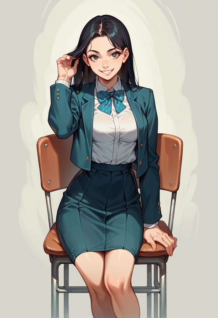 beautiful girl, solo, full-bodied, standing, long black hair, medium breasts, JK, high school outfit , soft smile, sitting on the chair, model pose