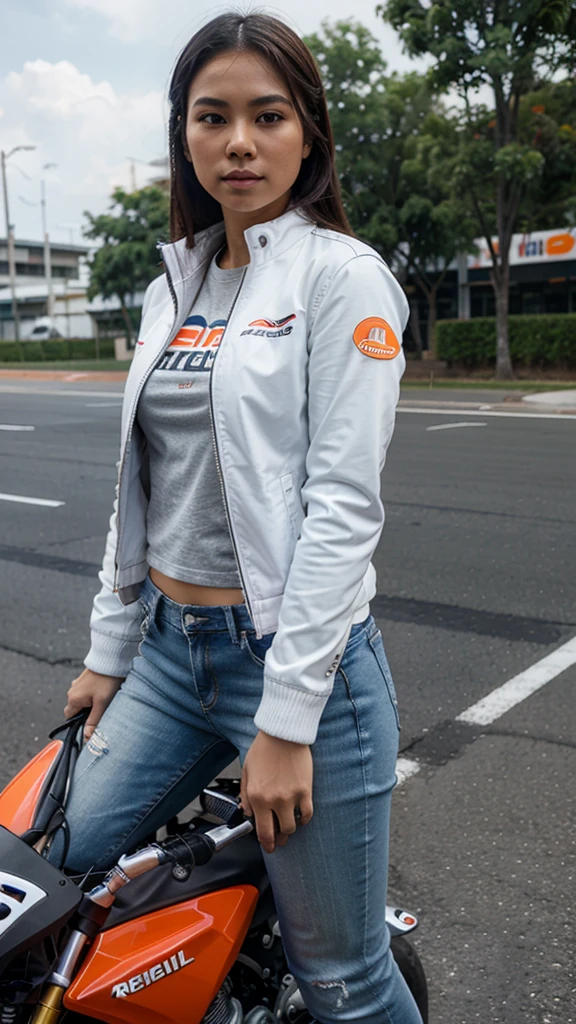 Realistic pilipina girl wearing a white jacket and jeans riding in block repsol motor.