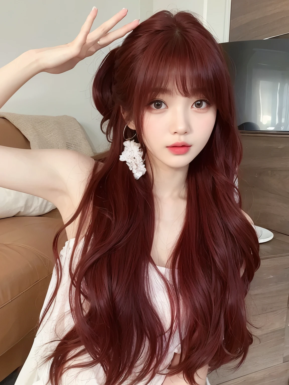 masterpiece，Best quality，A girl with red hair，Long curly hair，Very curly hair，Flowing long hair，Facing the camera，Bangs，A girl，Exquisite facial features，20 years old，Chinese Girl，
