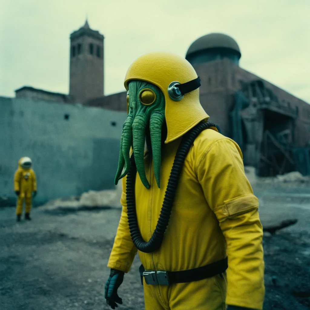 Horror-themed, In an ancient and mysterious city a person wearing a yellow helmet with yellow spikes on it carcosa city style, Don Bluth Style ASTRONAUT Cthulhu yellow Toon Doll, full body RAW candid cinema, cyan hair, 16mm, color graded portra 400 film, Eerie, unsettling, dark, spooky, suspenseful, grim, highly detailed