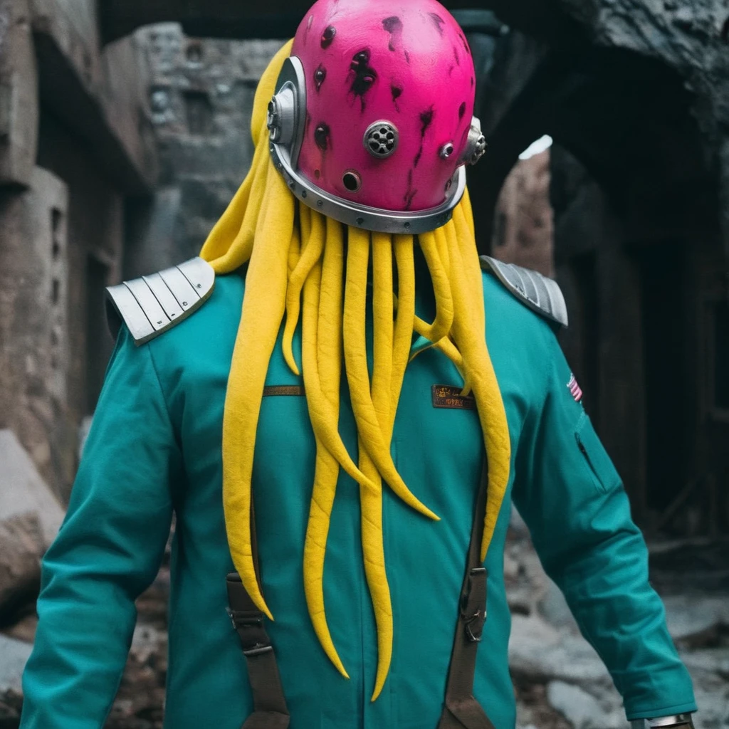 Horror-themed,  In an ancient and mysterious city a person wearing a yellow helmet with pink dark spikes on it carcosa city style, Don Bluth Style ASTRONAUT Cthulhu yellow Toon Doll, full body RAW candid cinema, cyan hair, 16mm, color graded portra 400 film, Eerie, unsettling, dark, spooky, suspenseful, grim, highly detailed, titanium decorative headdress, cinematic, trending on artstation | Isometric | Centered