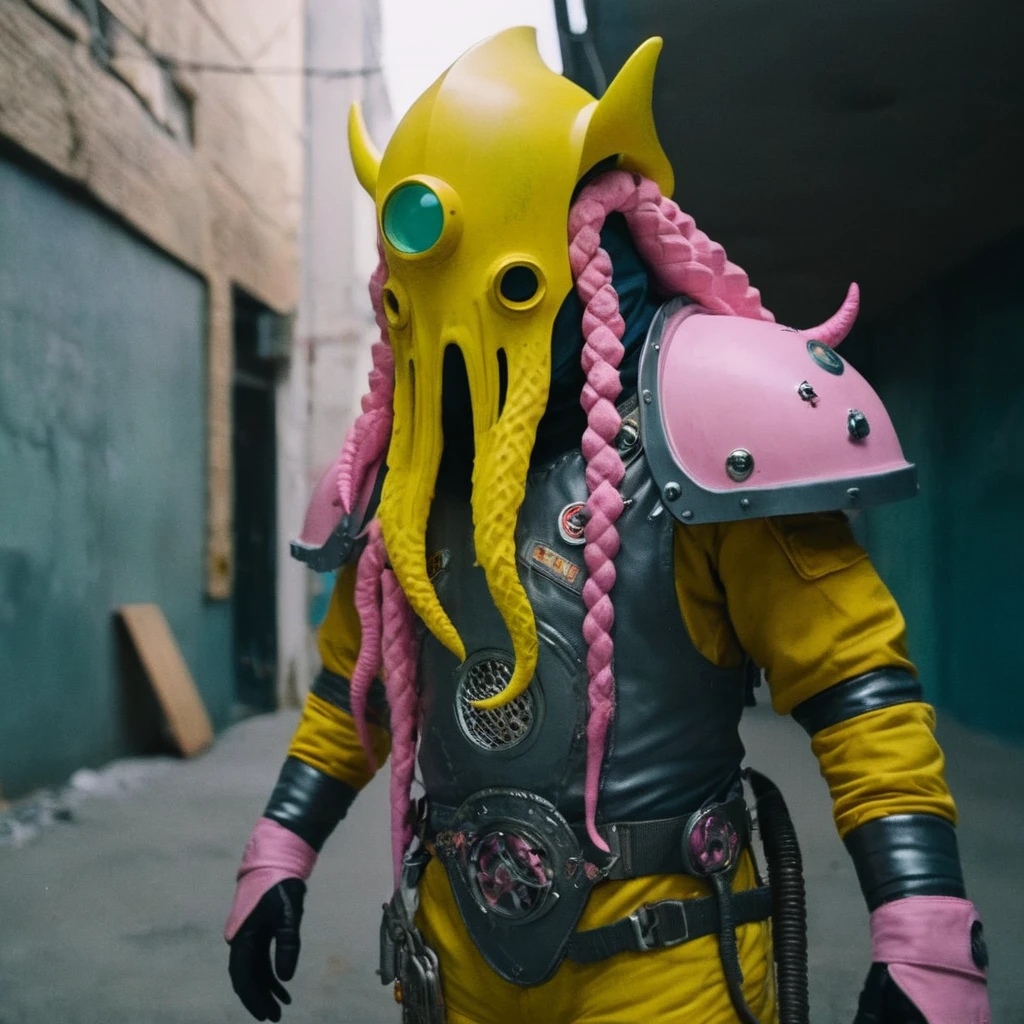 Horror-themed,  In an ancient and mysterious city a person wearing a yellow helmet with pink dark spikes on it carcosa city style, Don Bluth Style ASTRONAUT Cthulhu yellow Toon Doll, full body RAW candid cinema, cyan hair, 16mm, color graded portra 400 film, Eerie, unsettling, dark, spooky, suspenseful, grim, highly detailed, titanium decorative headdress, cinematic, trending on artstation | Isometric | Centered