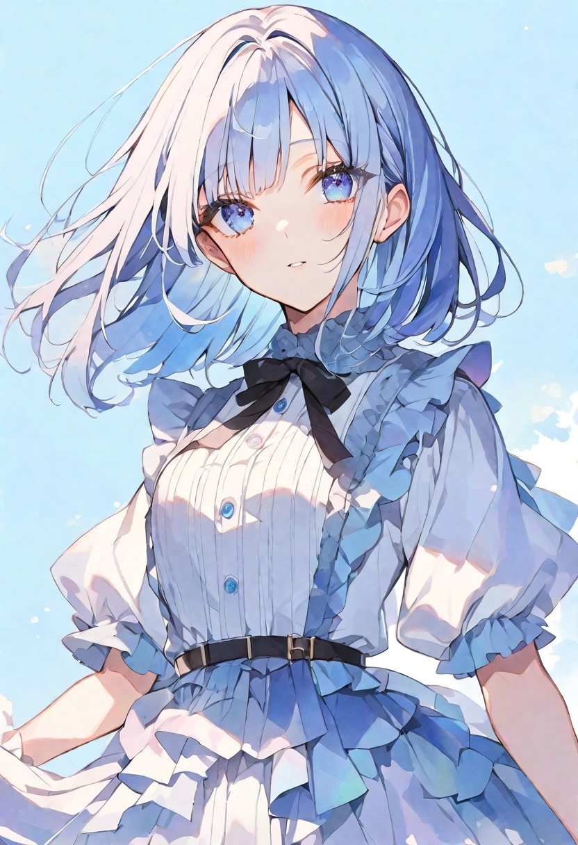 solo, Watercolor,
1. Female,
hime cut,Straight Hair,Bob Hair, WhiteアッシュlightBlue hair, ゆるふわパーマ ,
Blue Eyes,Soft look,Lolita,18 years old,
セーラー服 ,セーター ,stylish,tits,
skin,照れ顔 ,キラキラした目 ,
blue background,