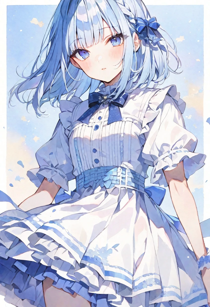 solo, Watercolor,
1. Female,
hime cut,Straight Hair,Bob Hair, WhiteアッシュlightBlue hair, ゆるふわパーマ ,
Blue Eyes,Soft look,Lolita,18 years old,
セーラー服 ,セーター ,stylish,tits,
skin,照れ顔 ,キラキラした目 ,
blue background,