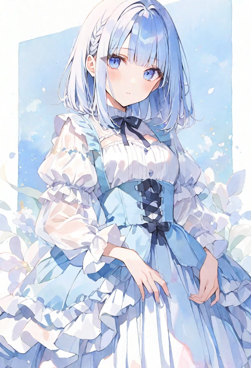 solo, Watercolor,
1. Female,
hime cut,Straight Hair,Bob Hair, WhiteアッシュlightBlue hair, ゆるふわパーマ ,
Blue Eyes,Soft look,Lolita,18 years old,
セーラー服 ,セーター ,stylish,tits,
skin,照れ顔 ,キラキラした目 ,
blue background,