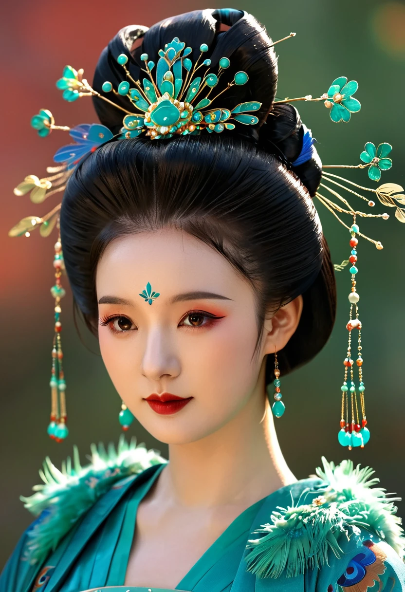 1 girl wearing traditional blue-green kingfisher feather Hanfu , Wearing exquisite accessories，High bun，Wearing a blue-green kingfisher feather hair ornament. Turquoise。 Peacock feather，Ultra HD, masterpiece, best quality, high resolution, Natural light, Professional photography,