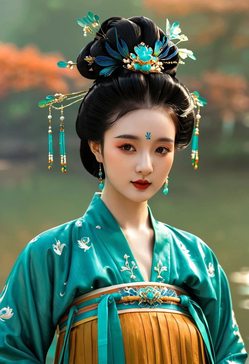 1 girl wearing traditional blue-green kingfisher feather Hanfu , Wearing exquisite accessories，High bun，Wearing a blue-green kingfisher feather hair ornament. Turquoise。 Peacock feather，Ultra HD, masterpiece, best quality, high resolution, Natural light, Professional photography,