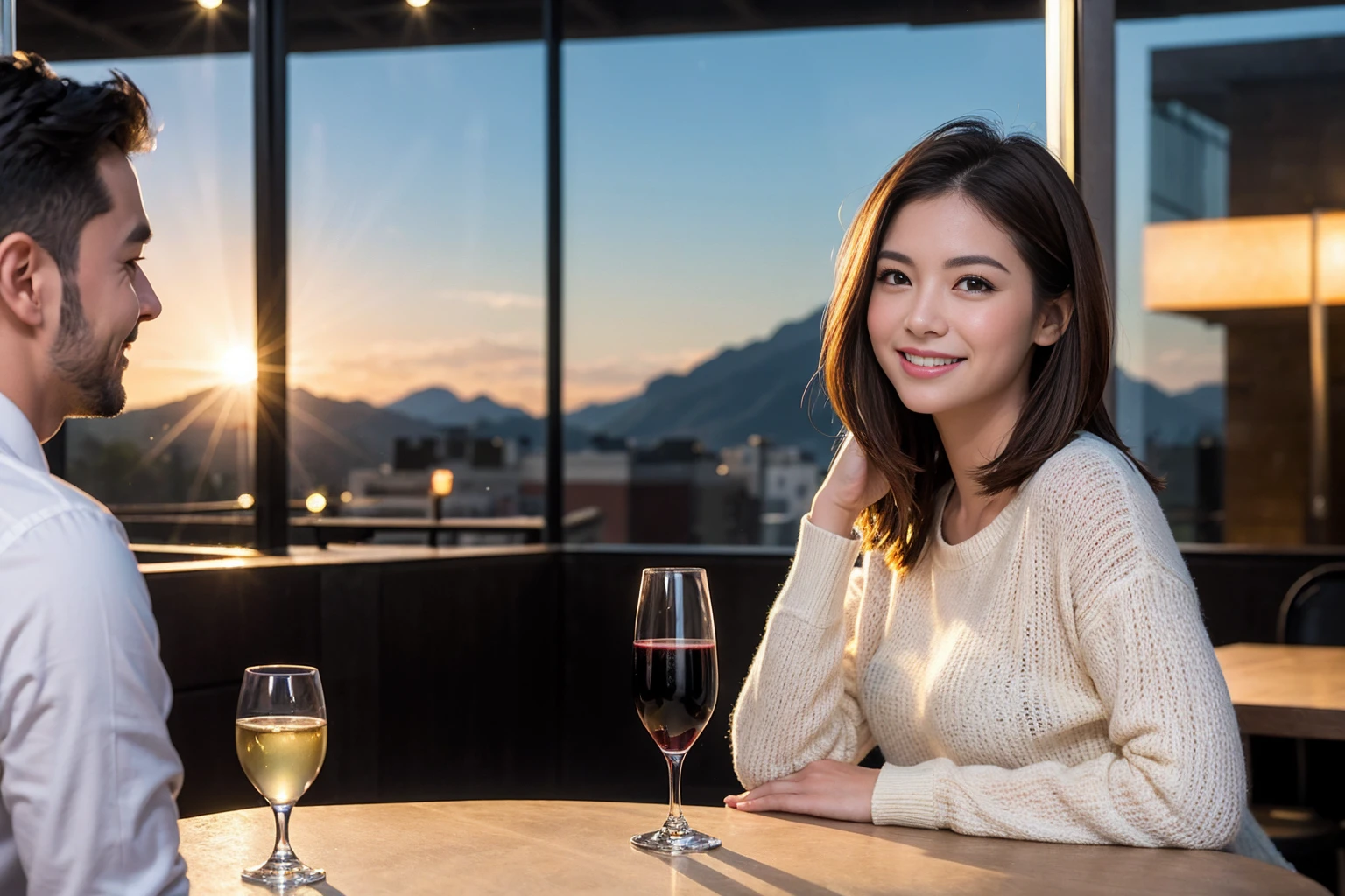 ((Highest quality、8K、masterpiece:1.3))、Sharp focus:1.2、Beautiful woman perfect body:1.4、Lovers、Beautiful couple、slimなボディ、((Bob Hale、Straight hair:1.2))、(to be born, Highest quality, masterpiece:1.5), (Realistic, Intricate details:1.2), テーブルにwine glass、Shine light on your face、 Amazing view of the sunset sky and clouds、Amazing mountain views、ニコニコ明るいsmile、smileの素敵な女性、Bright image、2. The beauty of wine, Beautiful Face, blue eyes, The light shines on your face, Blushing, short hair,Bright Face、Fox face、43 years old), 39 years old, Lady、red wine 、Appetizers、Italian food、Wine bottle、Champagne、sparkling wine、Two beauties、Brown Hair、Shortcuts、Long sleeve shirt、dress、Beautiful woman 1, (slimな顔), (The body is slim), (Brown Hair), (Shortcuts), cheeks turn a little red,Attractive beauty、, Out of the window, Beautiful and detailed night view.........., restaurant, In a prominent place (From the waist up) Nova Frog Style, actress, model, Upper Body, White wine, slim, wine glass, 真ん中に置かれたwine glass, smile, (smile: 1.15), Beautiful fine grain, Depth f/2,saturation, High Contrast, Strong light and shadow,Moist Body:1.5、 texture、Delicate eyes、Brown Hair、The hair is very shiny、