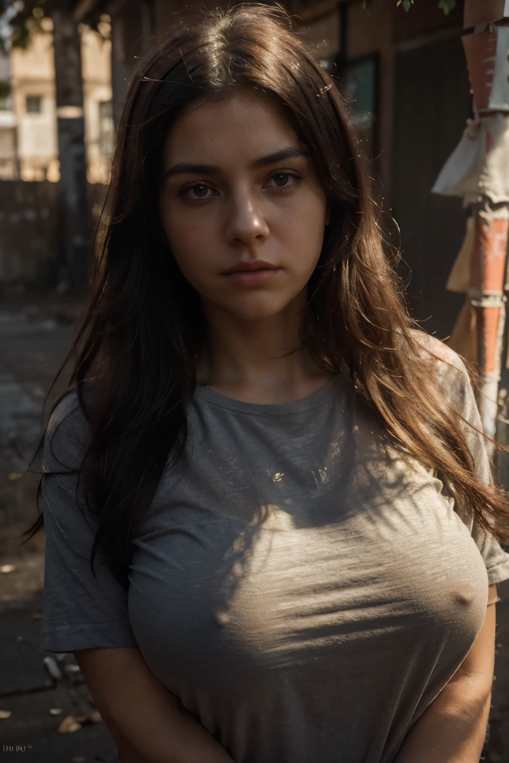 (a girl:1.1,dark hair,lost:1.1,tall:1.1), full body photo,(big boobs:1.1,fit body:1.1),(xxl t-shirt),(open landscape in the background),(Top Quality,Masterpiece:1.3),(worried expression on her face:1.1),(deserted roads:0.9), (mysterious atmosphere:1.1),(soft golden sunlight),(dusty wind:0.9),(long flowing hair:1.1),(gentle curves),(soft shadows:1.1),(vivid colors),(contrast between light and dark),(fading daylight),(subtle details:1.1),(pensive gaze:1.1),(dreamy mood),(a touch of mystery:1.1), she seems lost, she is warried