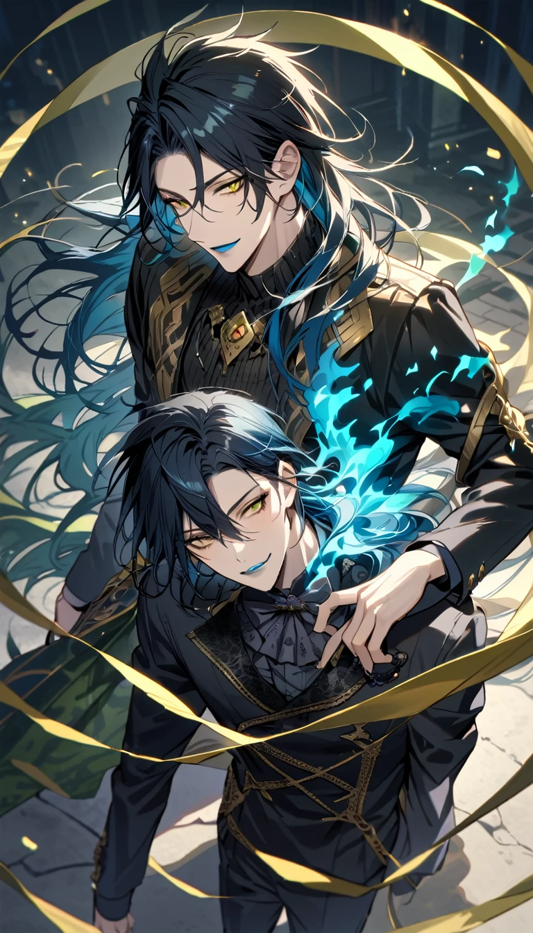 (pieces fly), (highest quality), very detailed, ((two men)), perfect face, beautiful face, very detailed face, from above, (black haired man:1.3)，(blue haired man:1.3)，suit，shirt，smile，flower, (1st boy,Idia Shroud, bishounen, boy, male, extremely long hair, blue hair, blue fire hair, wavy hair, yellow eyes, tired expression, blue lips, handsome, skinny, geeky, blue glow, shark teeth,) (2nd boy, malleus draconia \(twisted wonderland\) horns, bishounen, boy, male, long hair, black hair, yellow green eyes, smile, gray lips, handsome, skinny, tall, yellow green glow,)  Two men are hugging each,