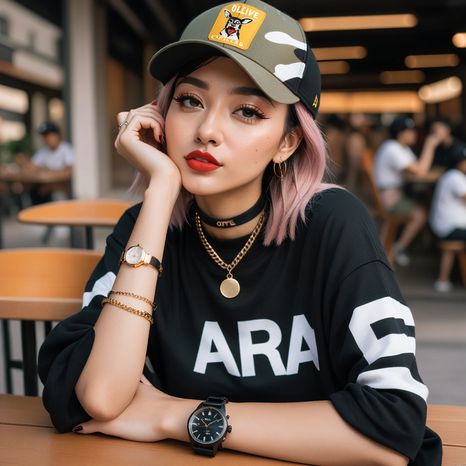 araffe sitting at a table with a hat on and a watch on, she is wearing streetwear, woman in streetwear, outlive streetwear collection, casual pose, streetwear fashion, female streetwear blogger, wearing a chocker and cute hat, casual streetwear, wearing baseball cap, 🤤 girl portrait, smooth in _ the background, shot on canon eos r5, with hat