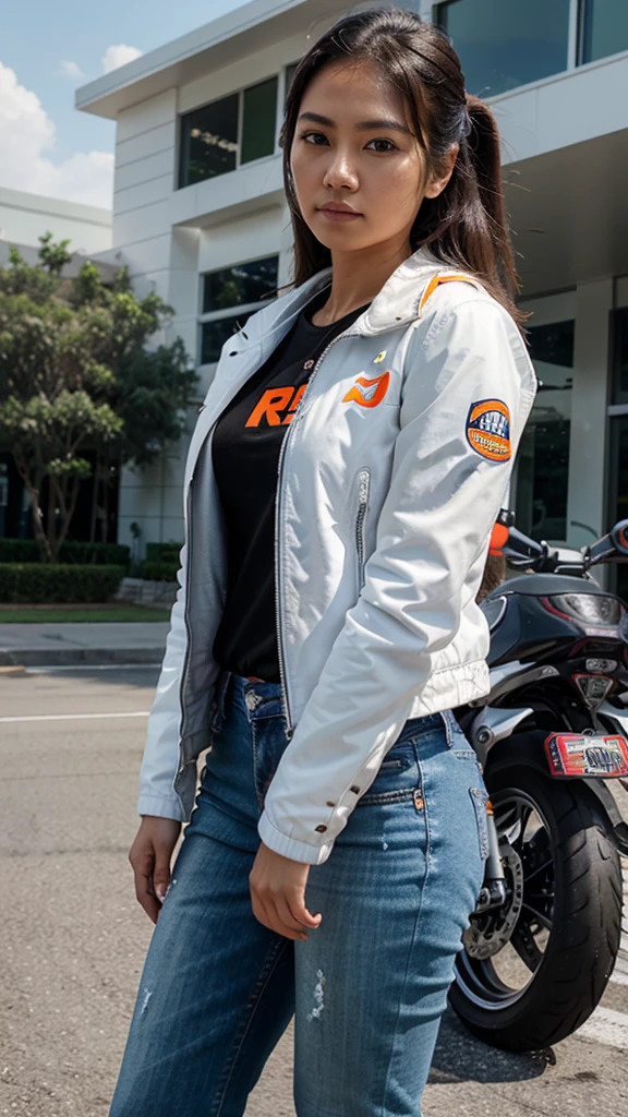 Realistic pilipina girl wearing a white jacket and jeans riding in black repsol motor.