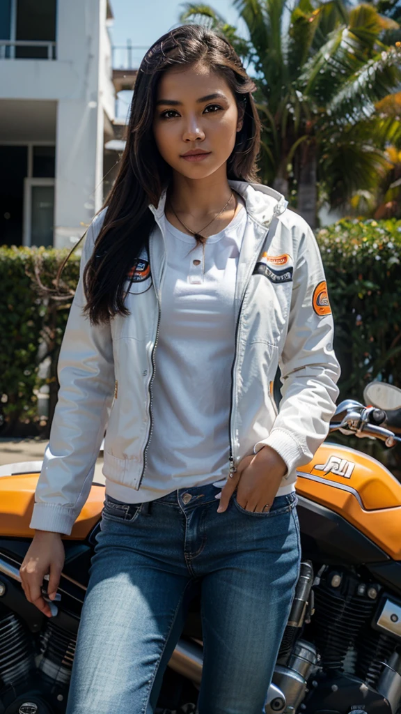 Realistic pilipina girl wearing a white jacket and jeans riding in black repsol motor.