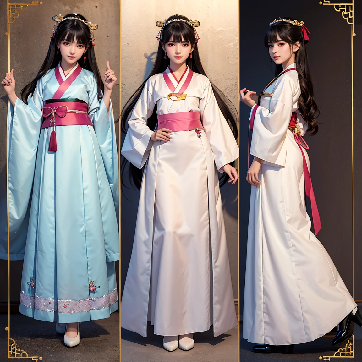 (masterpiece, best quality), ultra detailed, high resolution, 16k, the most beautiful face in the world, perfect face, delicate facial features, highly detailed beautiful face and eyes, shiny skin, highly detailed background, elaborately designed, fine cloth texture, perfect anatomy, BREAK, (gorgeous and stunning teenage girl in hanbok:1.3), perfect make-up, deeply in love, full of elegance, (full body:1.5), (three view drawing, front and back and side, character sheet:1.3)