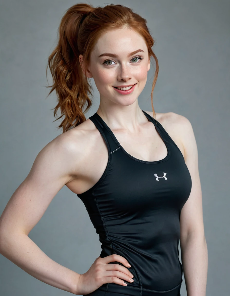 photography full body portrait of very beautiful realistic girl, doing gym fitness, porcelain skin, very fair skin, very pale skin, redhead, wavy, ponytail, very detail skin texture, hazel eyes, slanted eyes, small nose, small nostril, think curved eyebrow, thick bottom lip, seductive gaze, happy face, unique face, wear casual dress, detail photo, realistic photo, master piece picture, sharp picture, indoor, clear daylight