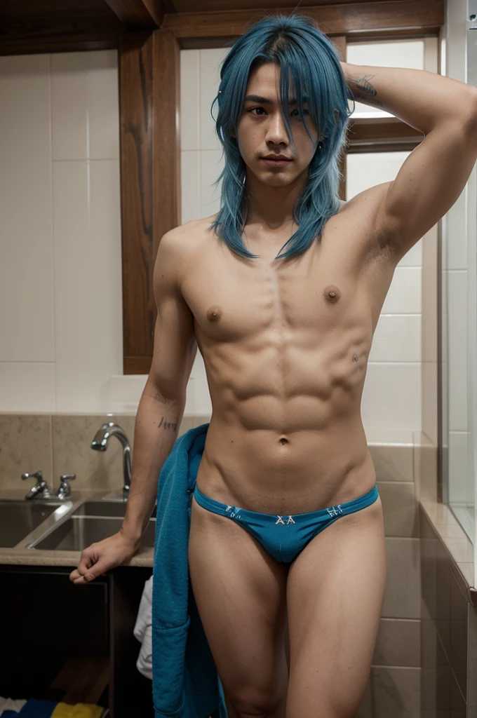 Make a photo of a man named Natsumi Hamsaki who is tall, thin and has a six pack body, have a blue hair and is having sex with a man named avan geiserford, he has blue hair