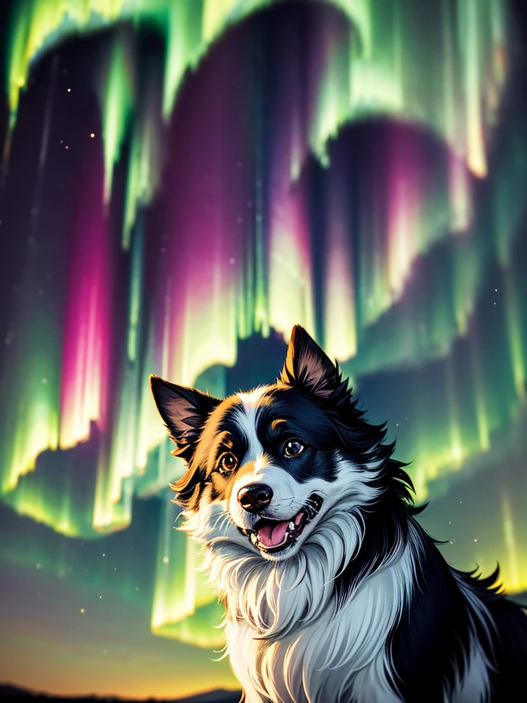 Highest Resolution,Highest quality,A woman with a border collie watching the aurora borealis in the night sky,