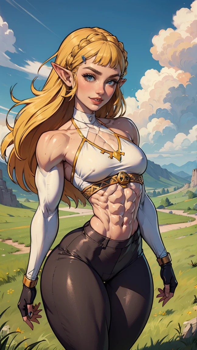 (Muscular:1.6), (thick thighs:1.7),
princess_zelda_aiwaifu, pointy ears, braid, hair ornament, hairclip, fingerless gloves, blue shirt, (halter top), crown braid, long sleeves, (blunt bangs:1.5), green eyes, sidelocks, thick eyebrows, (black pants, tight pants:1.3), (big smile:1.3), (long blonde hair:1.2),
(flat chest:1.9),
eyeshadow, lipstick,
looking at viewer, (three quarter view), upper body view,
rim lighting, detailed skin, detailed eyes, grassy field