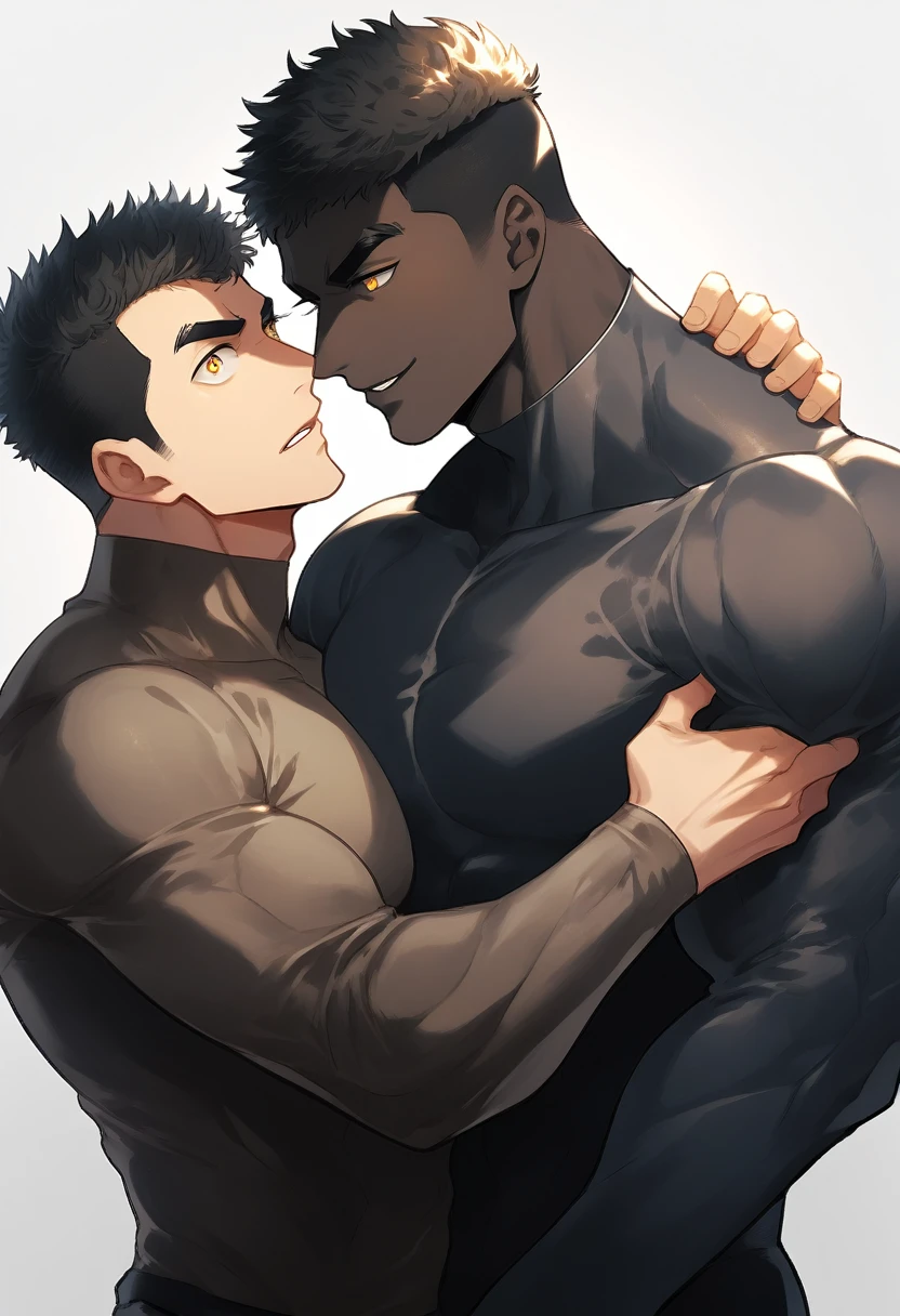 anime characters：Two superheroes in tights, Muscle superhero, negro black skin, They hugged and kissed each other, Bite your neck, Caress, Manliness, male focus, Yellow and black high collar long sleeve tight T-shirt, Slightly transparent material, Very tight, Round, full and perky chest muscles, Male dog waist, Slightly transparent, muscular male, muscular, only, Upper body, alone, Black short hair, Thick eyebrows, stubble, Yellow eyes, Grey background, simple background, amazing quality, best aesthetics, Ridiculous, bright pupils, crew cut, parted lips, seductive smile, torogao, naughty face, drop shadow, best quality