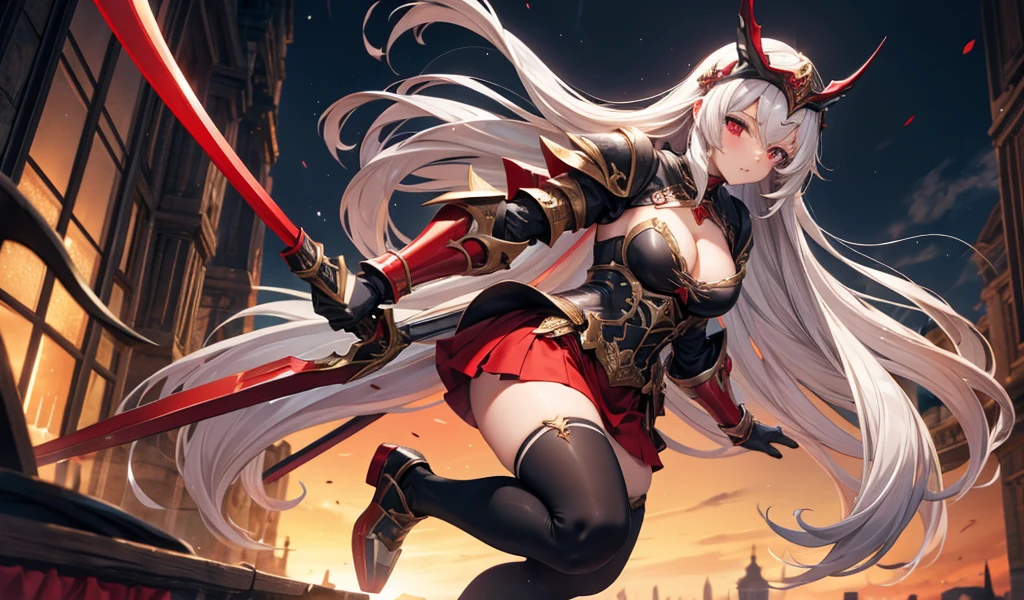 Girl with long white straight hair and medium chest，helmet，black tights，red full body armor，cleavage，Red skirt，underwear，ax，medieval european city