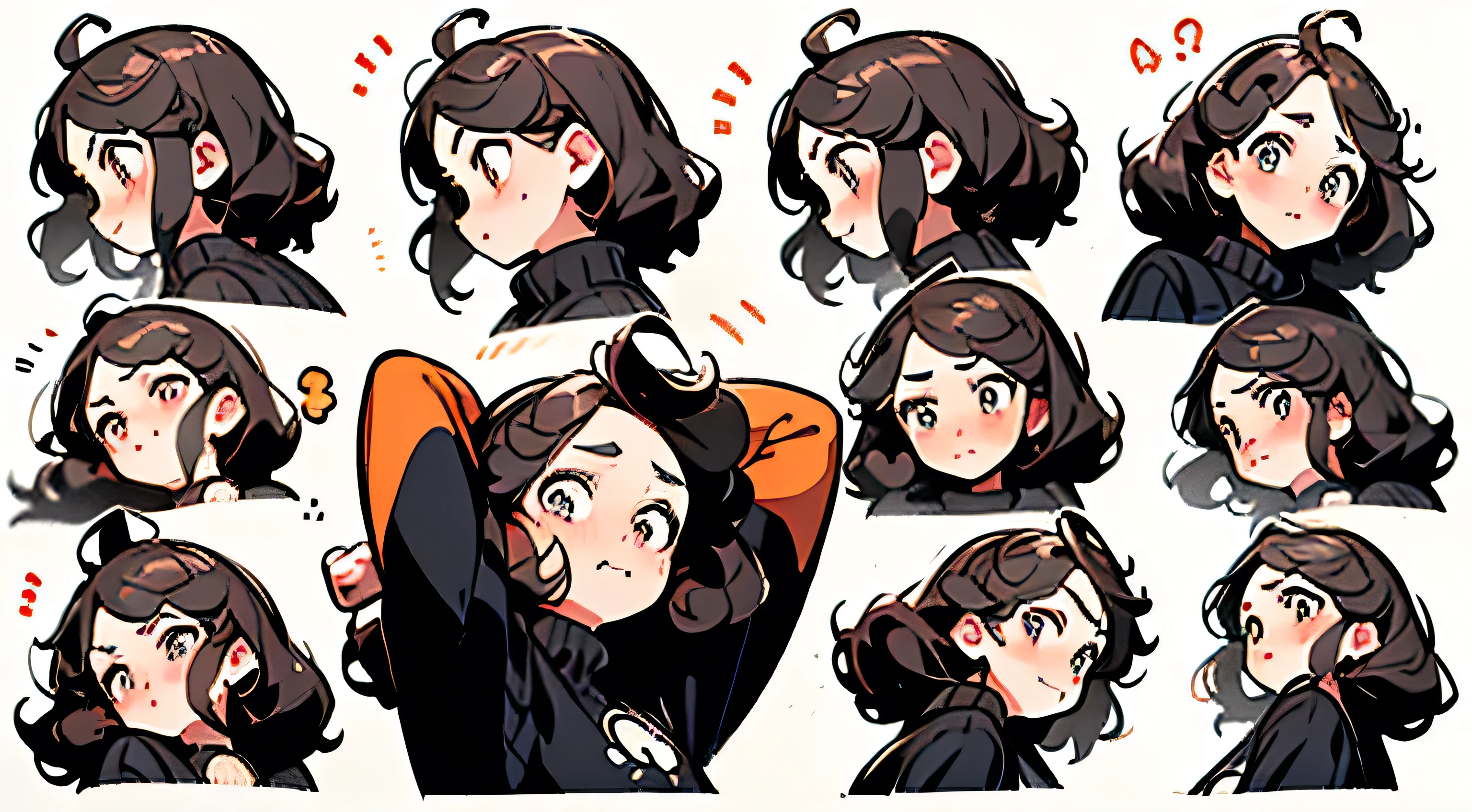 24 year old, pinkhead girl, Shoulder-length hair, (((happy flirty expression))), ((curly hair)) (((detailed character sheet, frontal view, side view, three quarter view))) (((white background)))