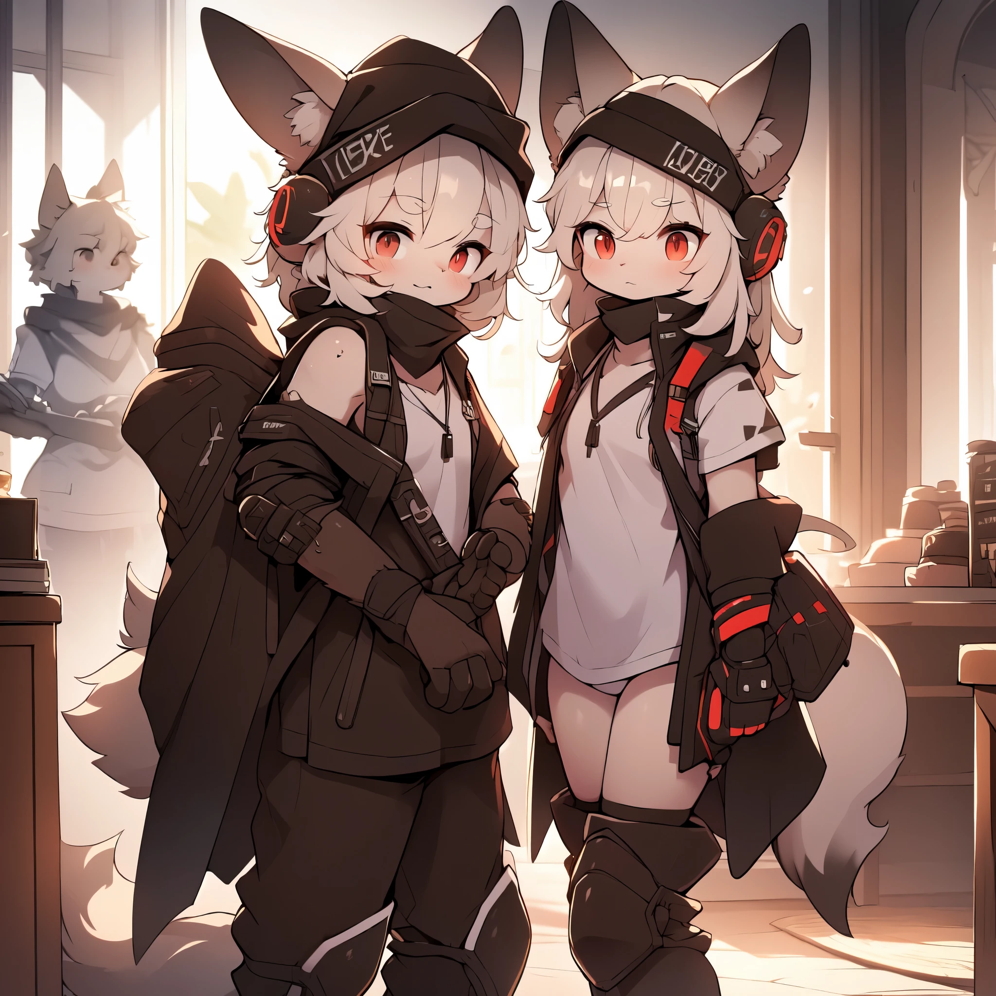 Kawaii, Striped Fluffy Fox, emaciated, long hair, 3girls, flawless skin, life support prosthetics, digital headphones, white long t-shirt, brown pantyhose, loose off-the-shoulder hood open jacket, belted long boots, tactical knee pads, loose Arm Sleeves, cybernetic Display gloves, chest rigs, tactical belts, ray tracing, depth of field, bloom, masterpiece, accurate, extreme detail description, volumetric lighting, rim lighting, chiaroscuro lighting, beautiful detailed face, physically-based rendering, HDR, UHD, anatomically correct, vivid colors, halbard