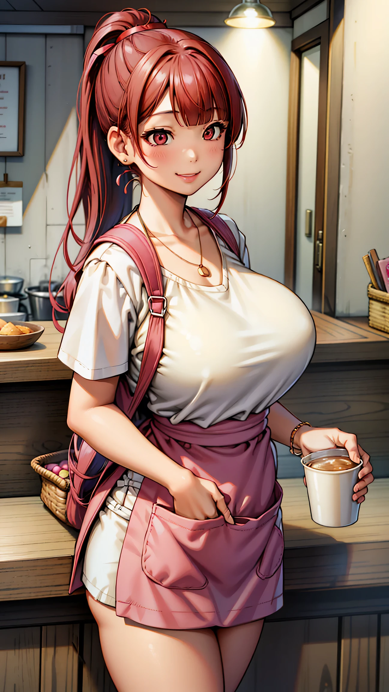 1girl, masterpiece, red hair, asian, blunt bangs, long hair, ponytail, huge breasts, white shirt, apron, pants, necklaces, waitress, shop, thick thighs, light smile, pink eyes, bookbag, hair ribbon, old lady,