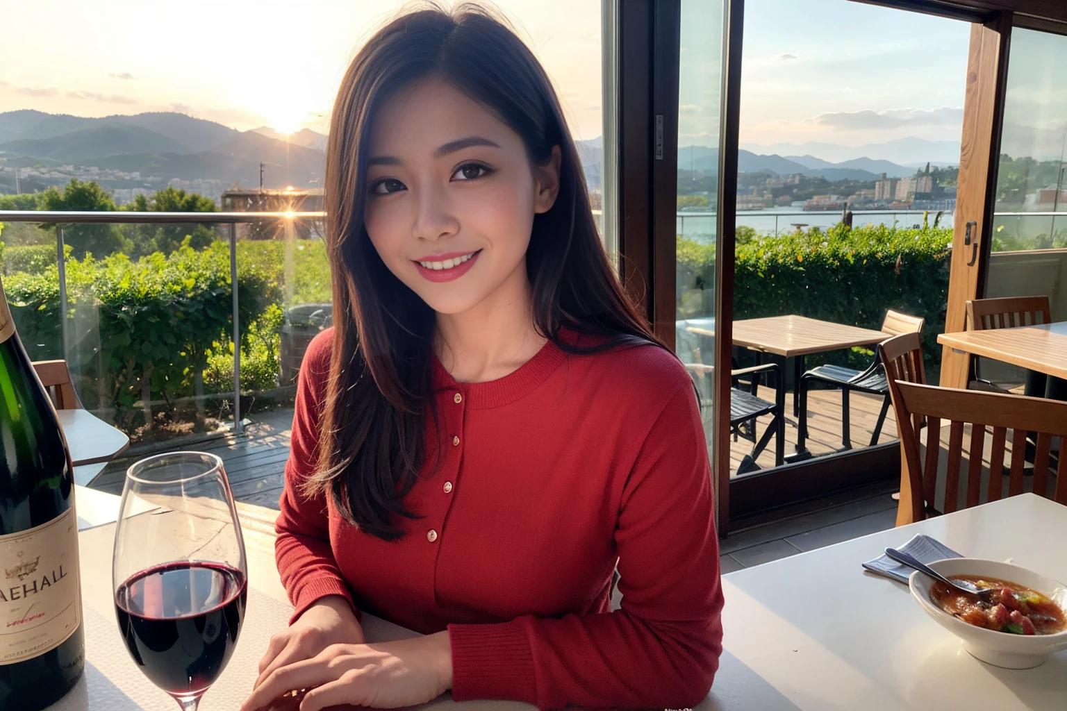 ((Highest quality、8K、masterpiece:1.3))、1 male、1 woman who resembles Satomi Ishihara、Couple、spouse、Couple、The body is slim、((Bob Hale、Straight hair:1.2)), (Realistic, Intricate details:1.2), テーブルの上のwine glass、Shine light on your face、 Amazing view of the sunset sky and clouds、Amazing mountain views、A bright smile、The wonderfulness of smile、Bright image、The beauty of wine, Beautiful Face, blue eyes, The light shines on your face, Blushing, short hair,Bright Face、 (42 years old), 39 years old, red wine 、Appetizers、Italian food、Wine bottle、Champagne、sparkling wine、Two beauties、Brown Hair、Shortcuts、Long sleeve shirt、dress、Beautiful woman 1, (slimな顔), (The body is slim), (Brown Hair), (Shortcuts), cheeks turn a little red,Attractive beauty、restaurant, In a prominent place (From the waist up) Nova Frog Style, actress, model, Upper Body, White wine, slim, wine glass, 中央に置かれたwine glass, smile, (smile: 1.15), Beautiful fine grain, Depth f/2,saturation, High Contrast, Strong light and shadow,Moist Body:1.5、3D texture、Delicate eyes、Brown Hair、The hair is very shiny、