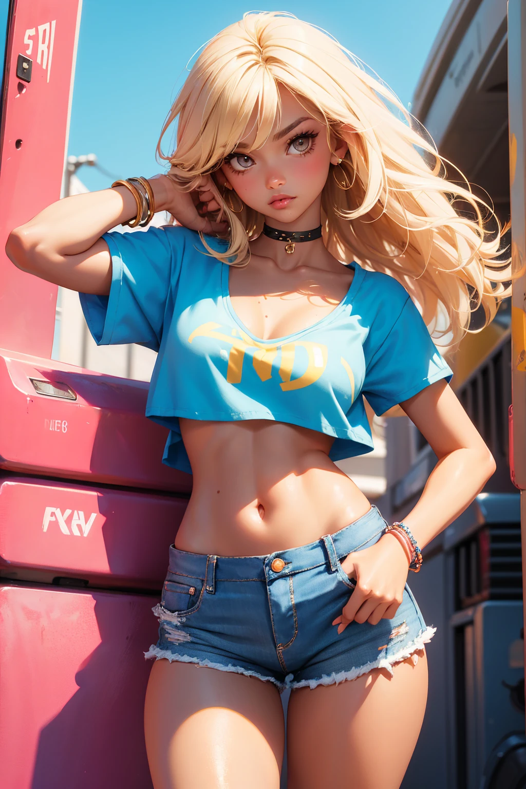  Beautiful girl , slim fit body , long tied blonde hair , tank top,  mini skirt ,