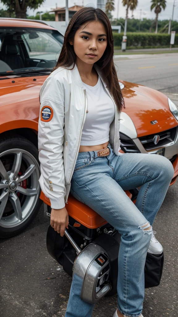 Realistic pilipina girl wearing a white jacket and jeans sitting in black repsol motor.