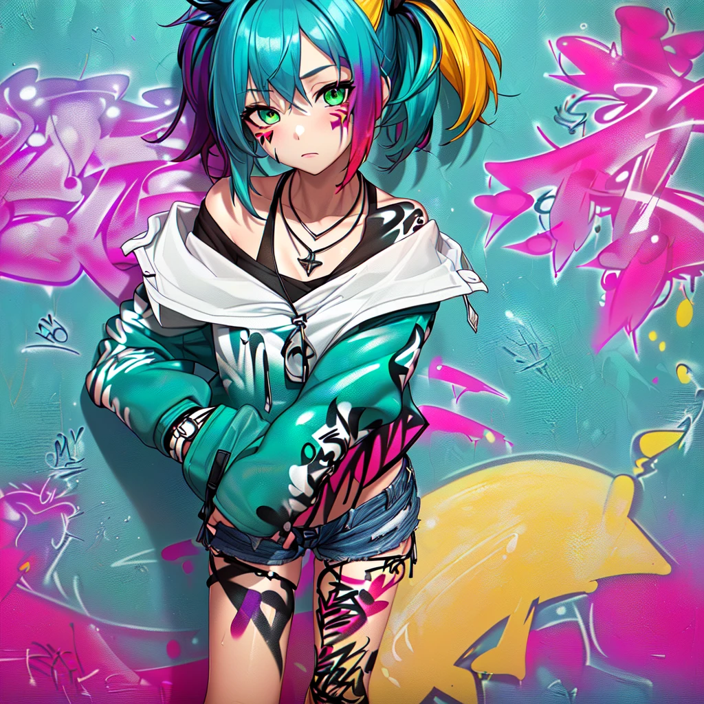 masterpiece, Best quality, 1 girl, One, crop top, denim shorts, necklace, (graffiti:1.5), splashes of paint, hands behind your back, near the wall, Looking at the viewer, armband, thigh strap, Paint on the body, head tilt, bored, multicolored hair, sea green eyes, garnish,