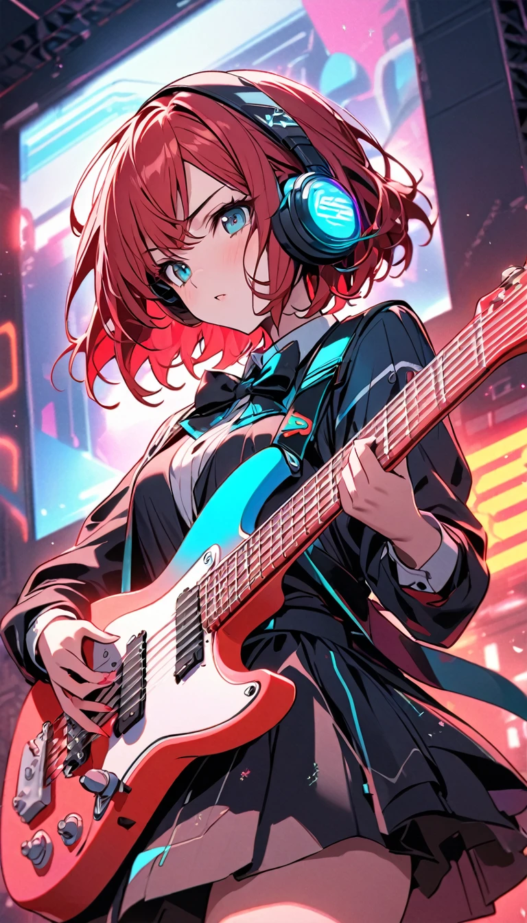 Beautiful girl, single, cool short hair, red hair, glowing wires. Wears a half hat, headphones, bow tie, mixed with sci-fi and neon tones. In the background is a robot with neon lights. The background image is a large robot, clearly visible. ,On stage, playing guitar, wearing a VR helmet.