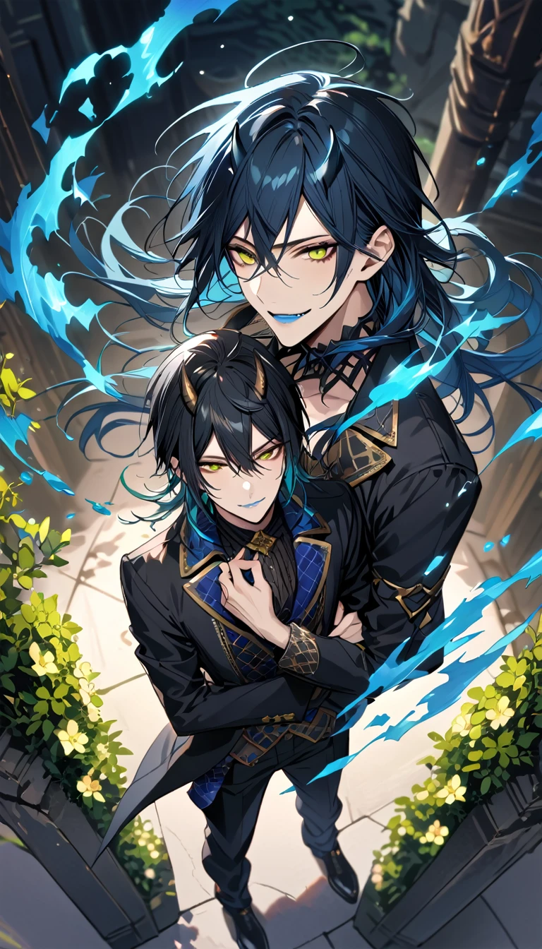 (pieces fly), (highest quality), very detailed, ((two men)), perfect face, beautiful face, very detailed face, (from above:2.0),(black haired man:1.3)，(blue haired man:1.3)，suit，shirt，smile，flower, (1st boy,Idia Shroud, bishounen, boy, male, extremely long hair, blue hair, blue fire hair, wavy hair, yellow eyes, tired expression, blue lips, handsome, skinny, geeky, blue glow, shark teeth,) (2nd boy, malleus draconia \(twisted wonderland\) horns, bishounen, boy, male, long hair, black hair, yellow green eyes, smile, gray lips, handsome, skinny, tall, yellow green glow,)  Two men are hugging each,