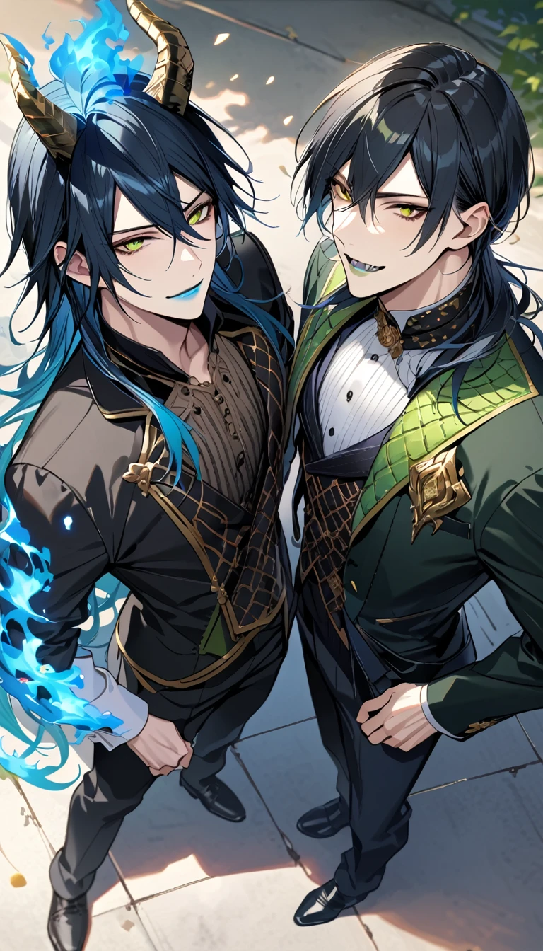 (pieces fly), (highest quality), very detailed, ((two men)), perfect face, beautiful face, very detailed face, (from above:2.0),(black haired man:1.3)，(blue haired man:1.3)，suit，shirt，smile，flower, (1st boy,Idia Shroud, bishounen, boy, male, extremely long hair, blue hair, blue fire hair, wavy hair, yellow eyes, tired expression, blue lips, handsome, skinny, geeky, blue glow, shark teeth,) (2nd boy, malleus draconia \(twisted wonderland\) horns, bishounen, boy, male, long hair, black hair, yellow green eyes, smile, gray lips, handsome, skinny, tall, yellow green glow,)  Two men are hugging each,