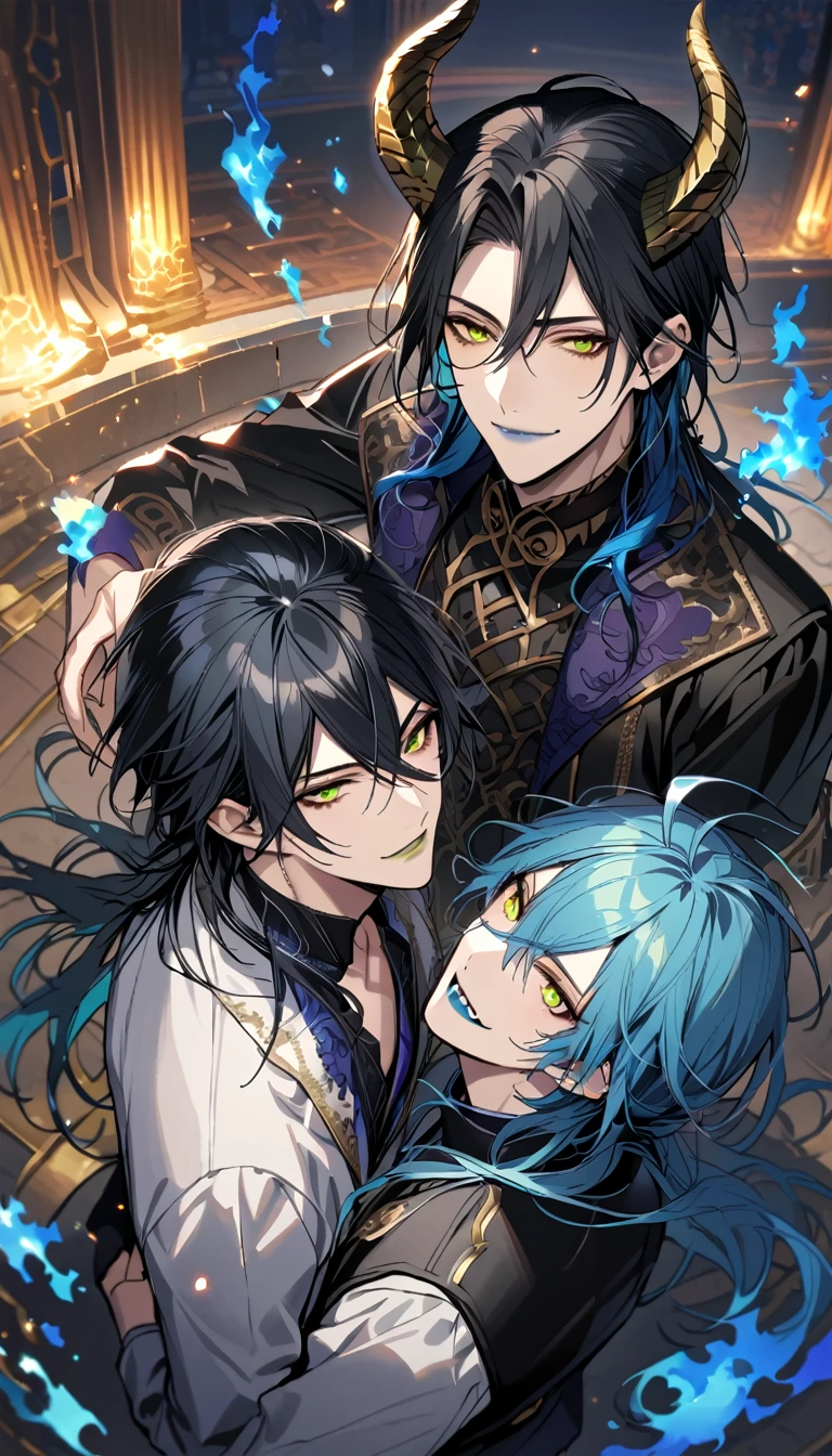 (pieces fly), (highest quality), very detailed, ((two men)), perfect face, beautiful face, very detailed face, (from above:2.0),(black haired man:1.3),(blue haired man:1.3),suit,shirt,smile,flower, (1st boy,Idia Shroud, bishounen, boy, male, extremely long hair, blue hair, blue fire hair, wavy hair, yellow eyes, tired expression, blue lips, handsome, skinny, geeky, blue glow, shark teeth,) (2nd boy, malleus draconia \(twisted wonderland\) horns, bishounen, boy, male, long hair, black hair, yellow green eyes, smile, gray lips, handsome, skinny, tall, yellow green glow,) Two men are hugging each,