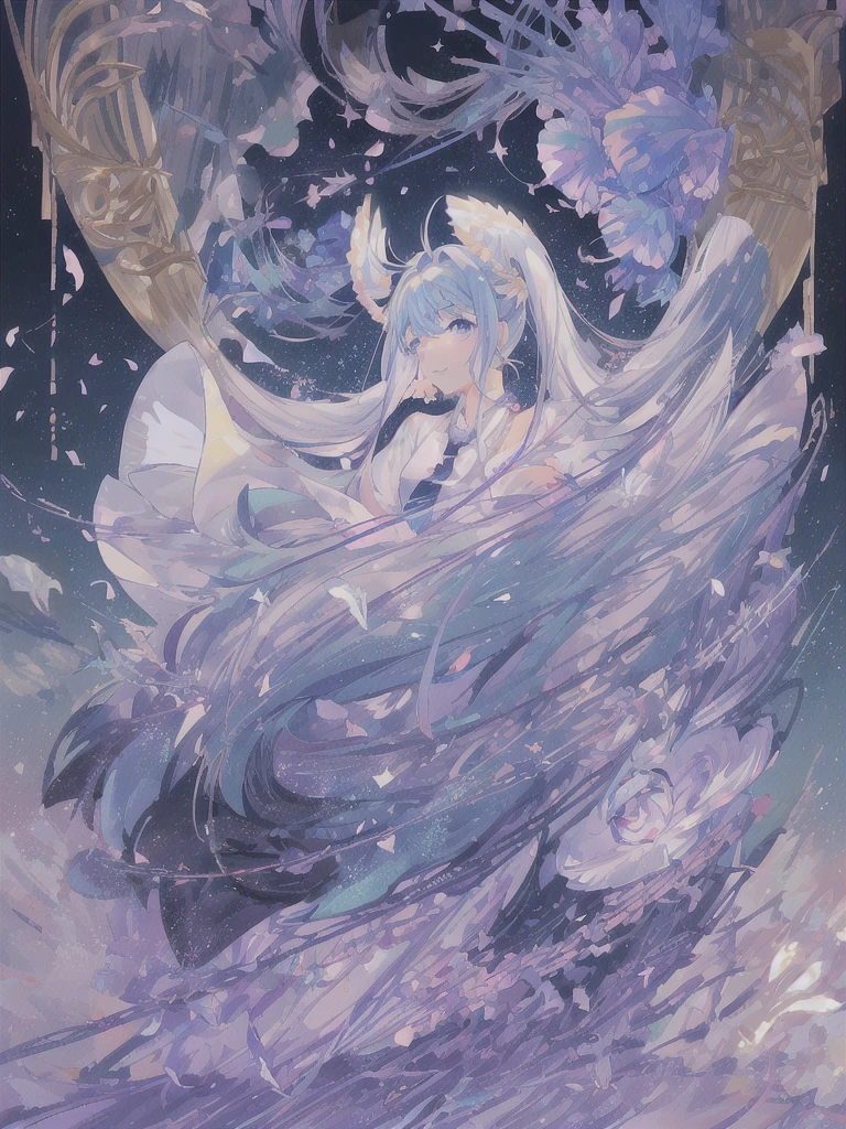 pretty, anime, pastel, neon, vtuber-fullbody vtuber-halfbody, kawaii Masterpiece, young woman, sitting down, parted lips, black eyes, fluffy curly hair, bangs, ahoge, light brown hair, rosy cheeks, short sleeve, black and purple dress, puffy sleeves, black gloves, purple ribbons, ((faded iris)), myceliumtech, scifi, Mycelia, spongy, PsychedelicMasterpiece, ((Faded iris)), flowers, smile, water effect, ahoge, looking up, upper view, yuki miku, very long blue hair, twintails, hair ornament, blue eyes, kawaii looking upupper viewhair ornament(masterpiece:1.2), (hires:1.2), (better hands:1.2), beautiful hands, perfect anatomy, holding star, 1boy, antenna hair, choker, white jacket, shoulder-belt, collared shirt, ear piercing, chain earrings, gradient, stars hair ornament, male focus, multicolored hair, purple hair, yellow strands, yellow necktie, (eye1 purple, eye2 yellow, heterochromia), starlight, starMasterpiece, young girl, white hair, fluffy hair, ahoge, medium length hair, bird feathers, sky, jungle, feather ears, white bird wings, vibrant colors, flowers, flower crown, leaves, white silk dress, detailed sleeves, strewn plants, hair over eyes, butterfly style, more_details:-1, more_details:0, more_details:0.5, more_details:1, more_details:1.5, (((ultra detailed))), softcore, kawaii,