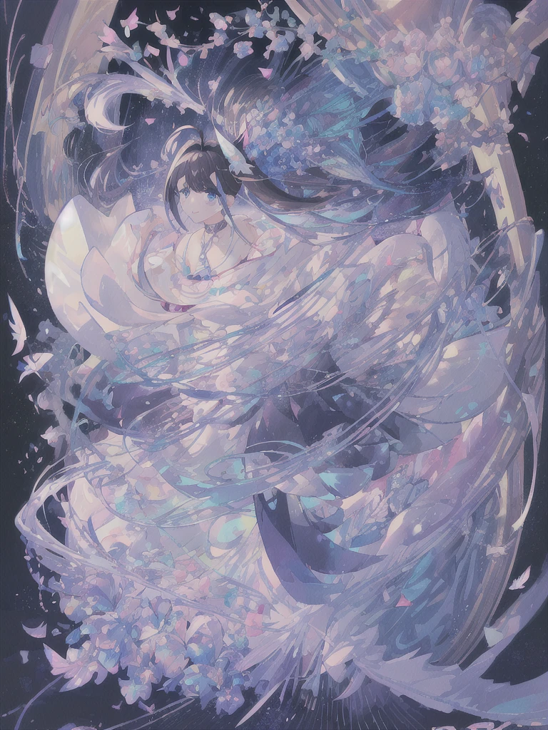 pretty, anime, pastel, neon, vtuber-fullbody vtuber-halfbody, kawaii Masterpiece, young woman, sitting down, parted lips, black eyes, fluffy curly hair, bangs, ahoge, light brown hair, rosy cheeks, short sleeve, black and purple dress, puffy sleeves, black gloves, purple ribbons, ((faded iris)), myceliumtech, scifi, Mycelia, spongy, PsychedelicMasterpiece, ((Faded iris)), flowers, smile, water effect, ahoge, looking up, upper view, yuki miku, very long blue hair, twintails, hair ornament, blue eyes, kawaii looking upupper viewhair ornament(masterpiece:1.2), (hires:1.2), (better hands:1.2), beautiful hands, perfect anatomy, holding star, 1boy, antenna hair, choker, white jacket, shoulder-belt, collared shirt, ear piercing, chain earrings, gradient, stars hair ornament, male focus, multicolored hair, purple hair, yellow strands, yellow necktie, (eye1 purple, eye2 yellow, heterochromia), starlight, starMasterpiece, young girl, white hair, fluffy hair, ahoge, medium length hair, bird feathers, sky, jungle, feather ears, white bird wings, vibrant colors, flowers, flower crown, leaves, white silk dress, detailed sleeves, strewn plants, hair over eyes, butterfly style, more_details:-1, more_details:0, more_details:0.5, more_details:1, more_details:1.5, (((ultra detailed))), softcore, kawaii, 
