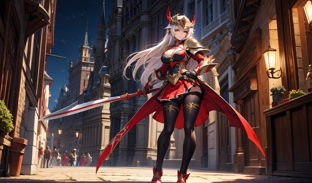 Girl with long white straight hair and medium chest,helmet,black tights,red full body armor,cleavage,Red skirt,underwear,ax,medieval european city