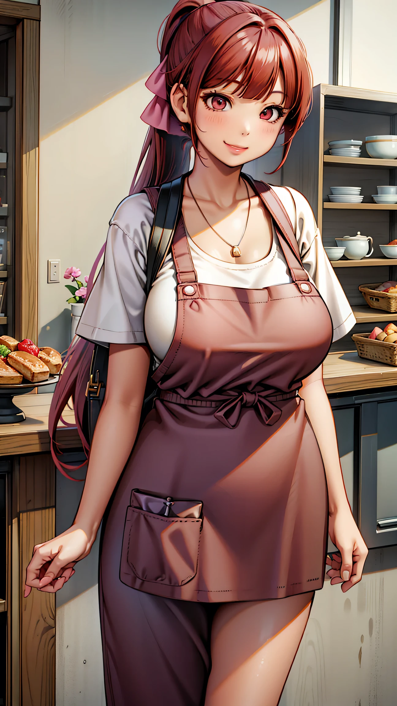 1girl, masterpiece, red hair, asian, blunt bangs, long hair, ponytail, huge breasts, white shirt, apron, pants, necklaces, waitress,  shop, thick thighs, light smile, pink eyes, bookbag, hair ribbon, old lady,
