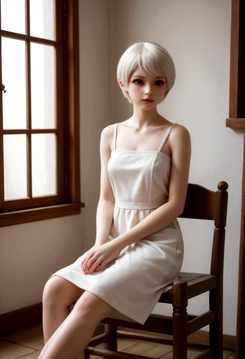 from side, upper body, BJD, doll joints, doll joints, BJD made of pure white glazed ceramics, electric drive, A fantastic and aesthetic image, Large half-closed golden glass eyes, urban style Pure white very short hair, a thin and haggard face, face without makeup, The ball-jointed doll is modeled after a 18-year-old woman, European features, silk white tube top dress, slender limbs, beautiful detailed face, sitting on a wooden chair, old european houses, indoor, beautiful artwork, High-definition, 4k, 8k,